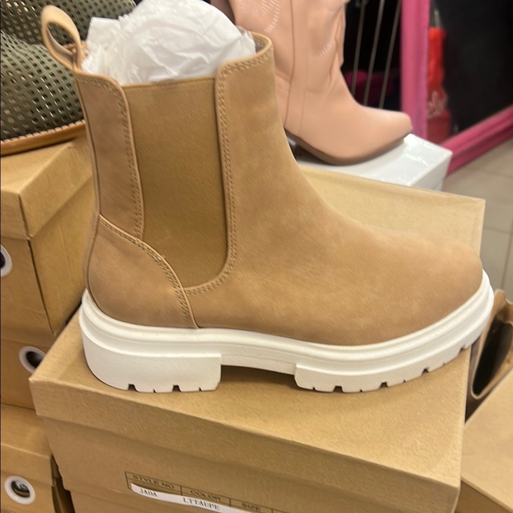 Tan Ankle Boots with White Soles by cozy Girl